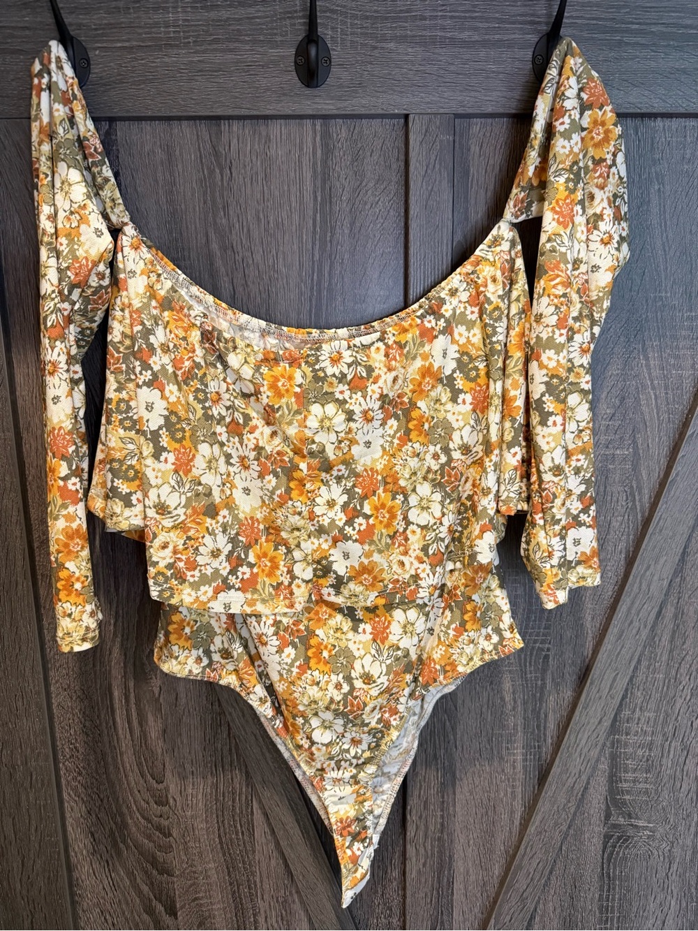 Floral Off-Shoulder One-Piece Bodysuit in Mustard & Olive - Picture 2 of 4